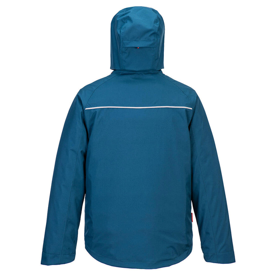 Back of Portwest DX4 3-in-1 Jacket in metro blue with hood with zip and reflective panel on back.