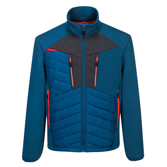 Metro blue DX4 baffle jacket. jacket has grey and orange contrast on the zips and chest. Side and chest pockets.