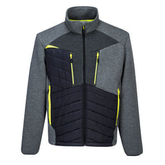 Black and metal grey DX4 baffle jacket. jacket has grey and yellow contrast on the zips and chest. Side and chest pockets.