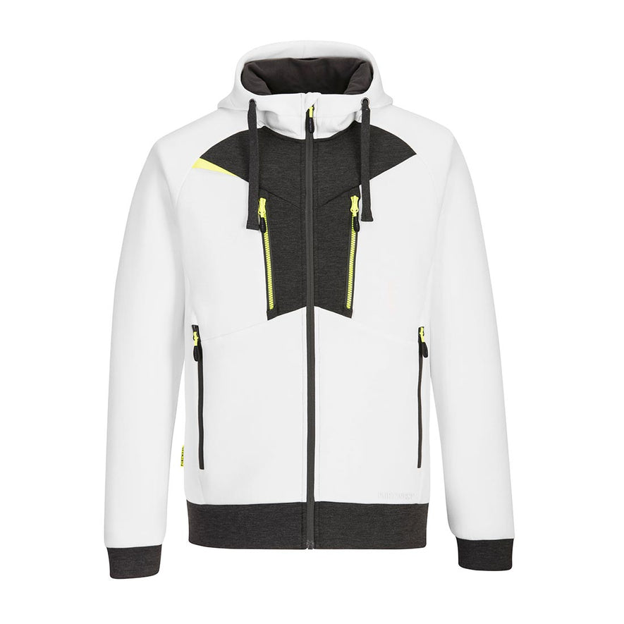 White and grey DX4 zip hooded sweatshirt. hoodie has grey and yellow contrast on the zips and chest. Side and chest pockets as well as visible hood with drawstring tighten.