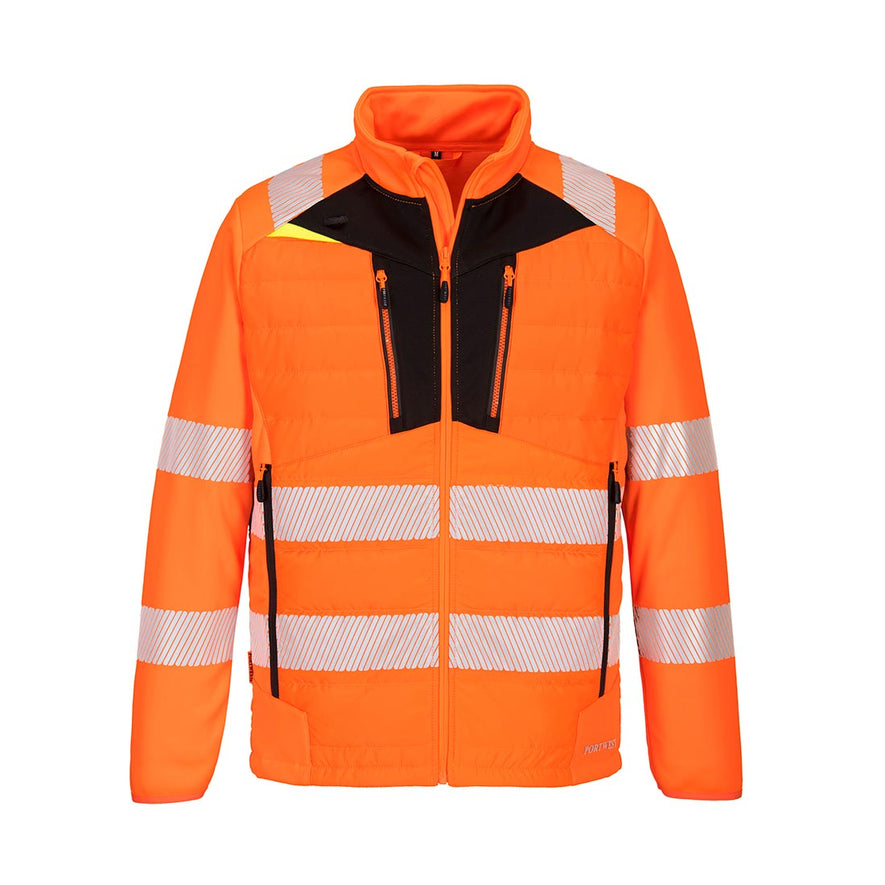 Orange DX4 Hi-Vis Hybrid Baffle Jacket with yellow detail and black chest abnd black zipsd