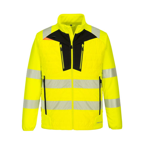 Yellow DX4 Hi-Vis Hybrid Baffle Jacket with yellow detail and black chest abnd black zipsd