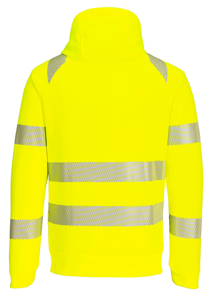 Back of Portwest DX4 Hi-Vis Funnel Neck Sweatshirt in yellow with hood and heat seal reflective strips on chest, arms and shoulders.