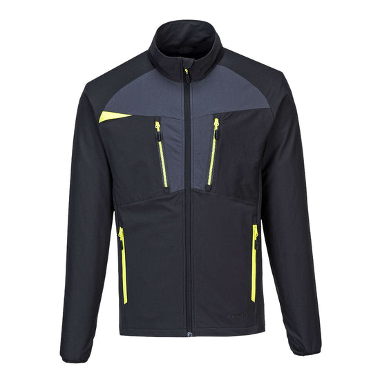 Black DX4 zip base layer jacket. jacket has grey and yellow contrast on the zips and chest. Side and chest pockets.