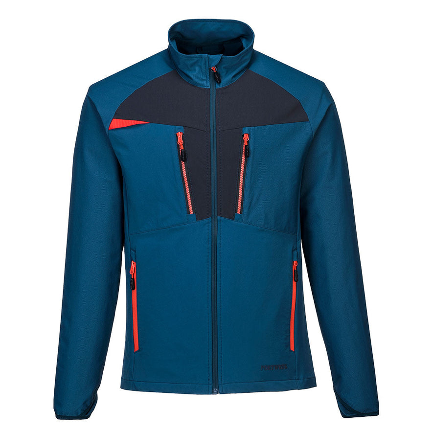 Metro blue DX4 zip base layer jacket. jacket has grey and orange contrast on the zips and chest. Side and chest pockets.