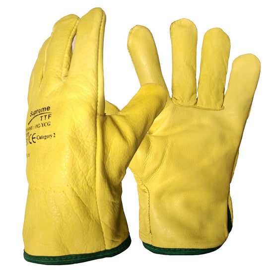 Yellow leather drivers gloves. Gloves have a black cuff.  