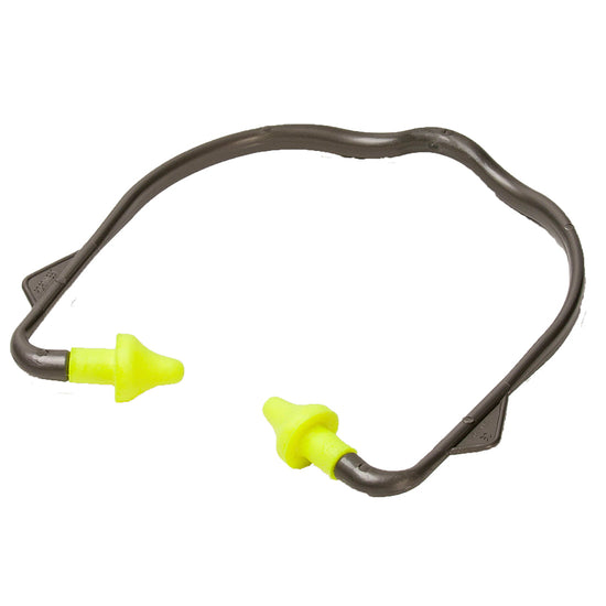 Grey headband with yellow in ear ear plugs.