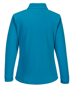 Back of Portwest Women's Aran Fleece in aqua with collar and long sleeves.