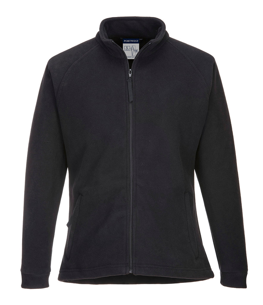 Portwest Women's Aran Fleece in black with collar, long sleeves, full zip fastening and two lower zipped pockets.