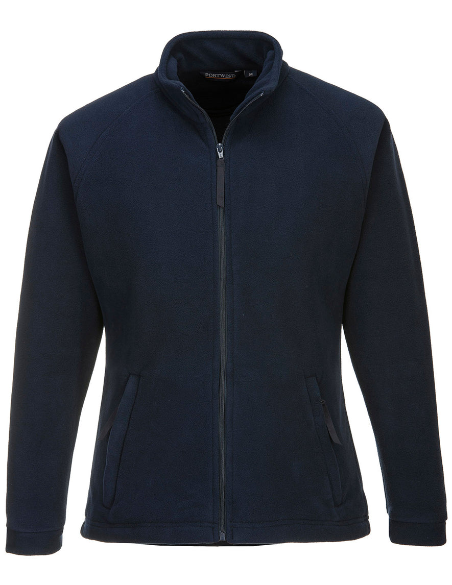 Portwest Women's Aran Fleece in navy with collar, long sleeves, full zip fastening and two lower zipped pockets.