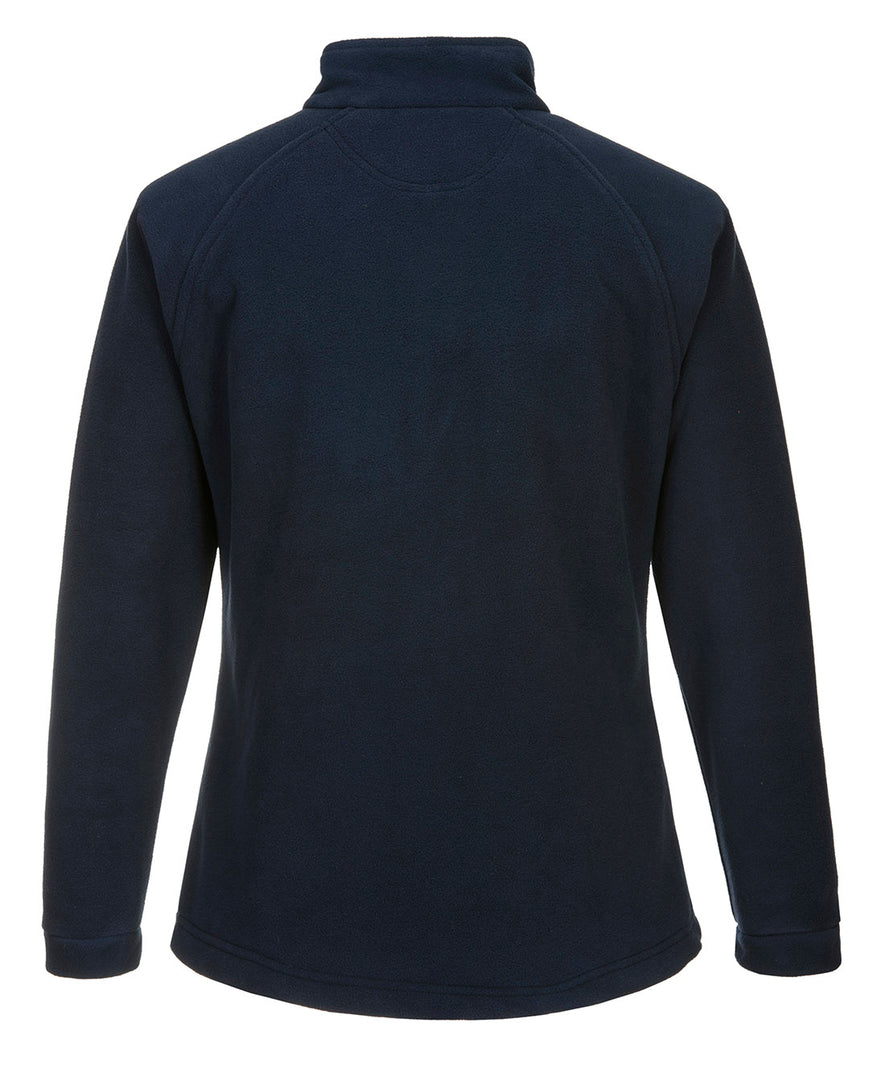 Back of Portwest Women's Aran Fleece in navy with collar and long sleeves.