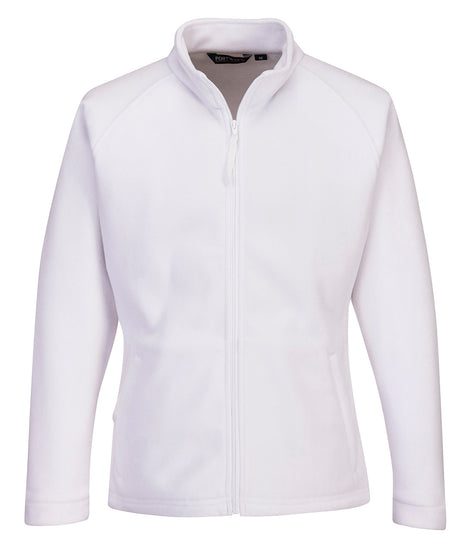 Portwest Women's Aran Fleece in white with collar, long sleeves, full zip fastening and two lower zipped pockets.