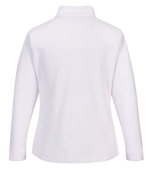 Back of Portwest Women's Aran Fleece in white with collar and long sleeves.