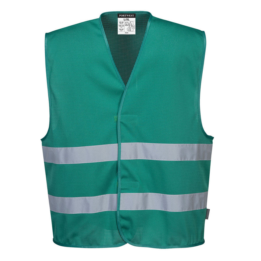 Bottle Green Iona Portwest Mesh Air Hi-Vis Vest. Vest has hi vis strips on the body.