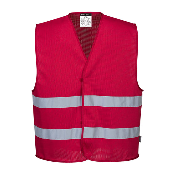 Red Iona Portwest Mesh Air Hi-Vis Vest. Vest has hi vis strips on the body.