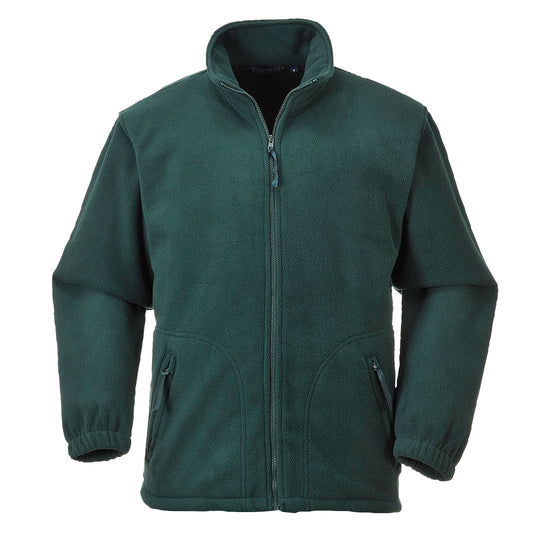 Bottle Green fleece jacket with full zip close and two side zip pockets.