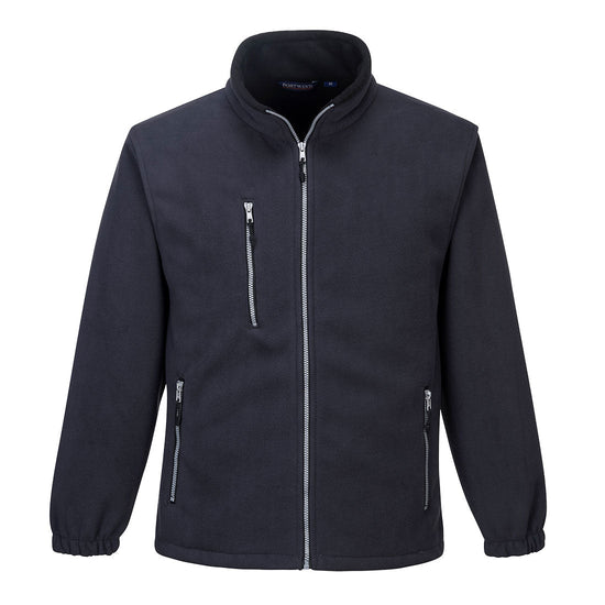 Navy city fleece jacket with zip fasten, zip pockets on the side and one on the chest.