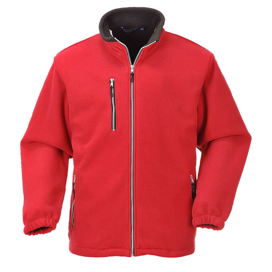 Red city fleece jacket with zip fasten, zip pockets on the side and one on the chest.