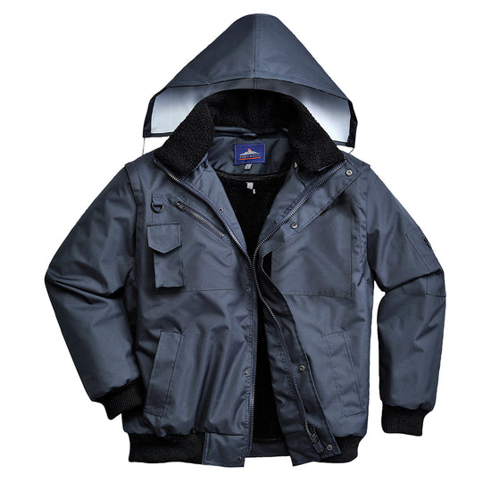 Black bomber jacket with elasticated cuff with zip pockets, hood and pop button fastening.