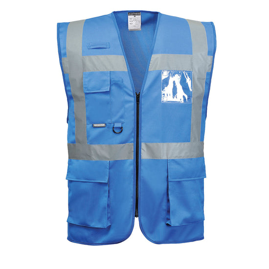 Blue executive vest, zip fasten with side pockets and chest pocket with d loop and id badge holder. Vests have waist bands and shoulder bands