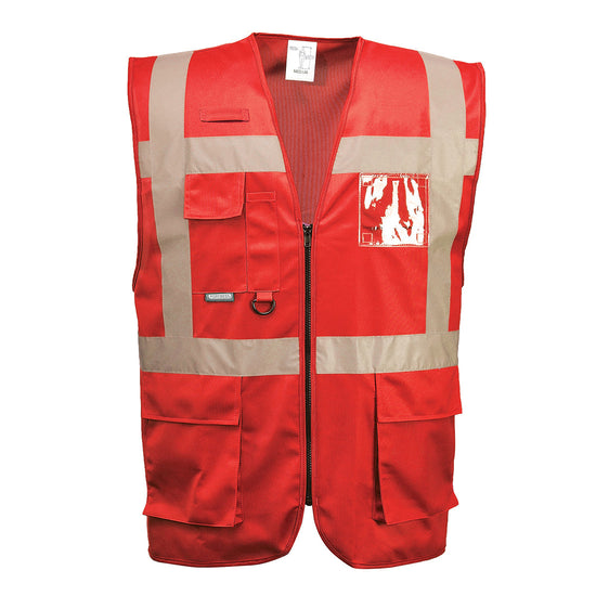 Red executive vest, zip fasten with side pockets and chest pocket with d loop and id badge holder. Vests have waist bands and shoulder bands