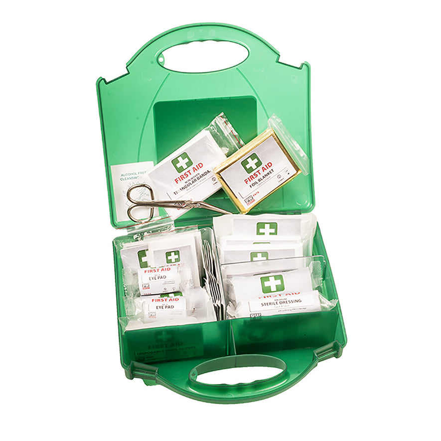Green Portwest workplace first aid kit. First aid box is open to show all components of the kit.
