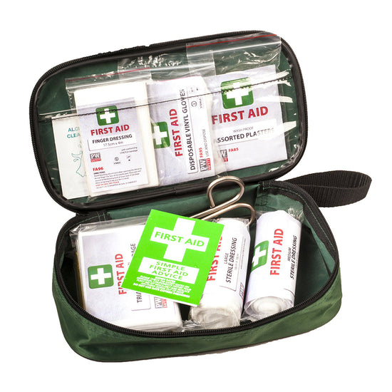 Green portwest viechle First aid kit. Kit is green with zip close and has first aid items on the inner.