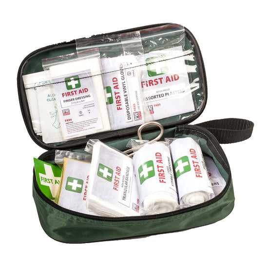 Green portwest viechle First aid kit. Kit is green with zip close and has first aid items on the inner.