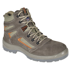 Beige Portwest Compositelite Reno mid Cut Boot SP1, Boot has a grey sole and orange stitching through out.