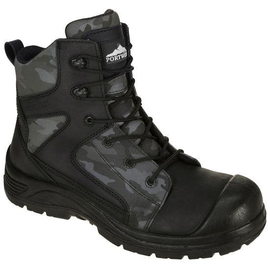 Black portwest compositelite camo strike S3 boot. Boot has a protective toe and grey/black camouflage contrast through out. Boot has a black sole.