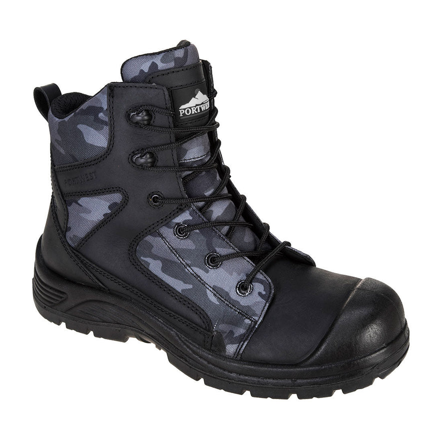 Black portwest compositelite camo strike S3 boot. Boot has a protective toe and grey/black camouflage contrast through out. Boot has a black sole.