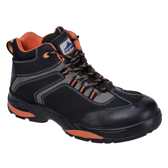 Black portwest compositelite Operis S3 boot. Boot has a protective toe, scuff cap and orange contrast through out on the stitching and laces. Boot also has grey contrast on the mid area. Boot has a black and orange sole.