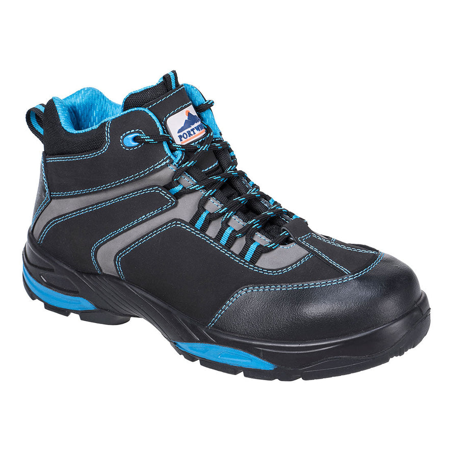 Black portwest compositelite Operis S3 boot. Boot has a protective toe, scuff cap and blue contrast through out on the stitching and laces. Boot also has grey contrast on the mid area. Boot has a black and blue sole.