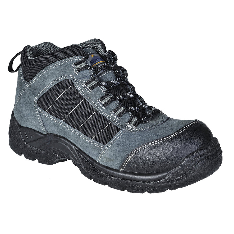 Black portwest compositelite Trekker S1 safety boot. Boot has a protective toe, scuff cap and has a black sole. Boot has a blue contrast through out the mid of the boot.