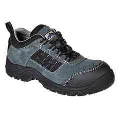 Black portwest compositelite Trekker S1 safety Shoe. Shoe has a protective toe, scuff cap and has a black sole. Shoe has a blue contrast through out the mid of the boot.