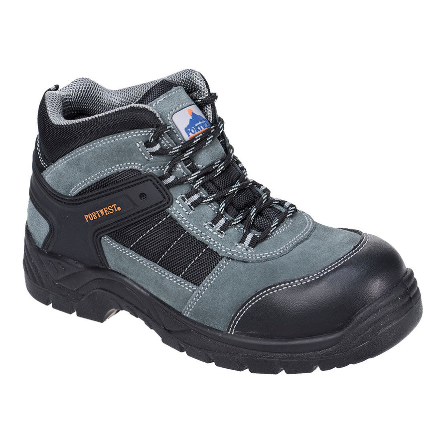 Black portwest compositelite Trekker S1P safety boot. Boot has a protective toe, scuff cap and has a black sole. Boot has a blue contrast through out the mid of the boot.