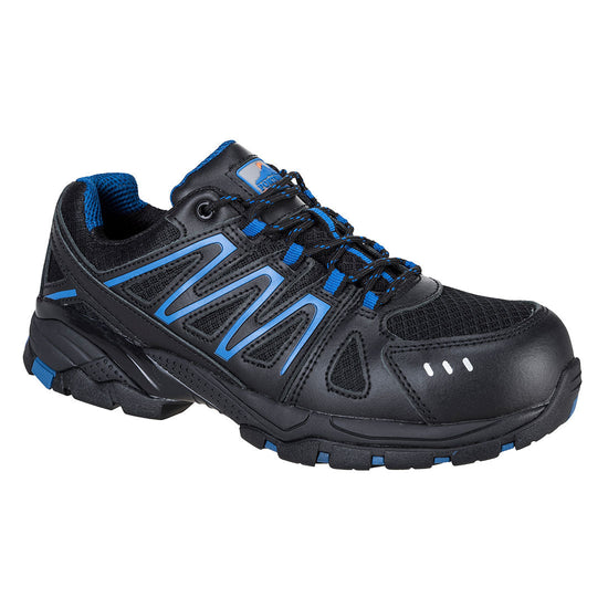 Black Portwest Compositelite Vistula Trainer S1P. Trainer has blue contrast on the laces, inner, sides and sole.