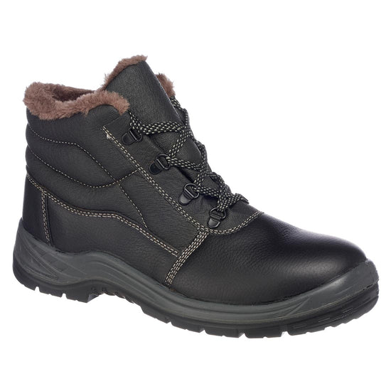 Black Steelite Kumo work boot with brown Fur lined interior and brown trim