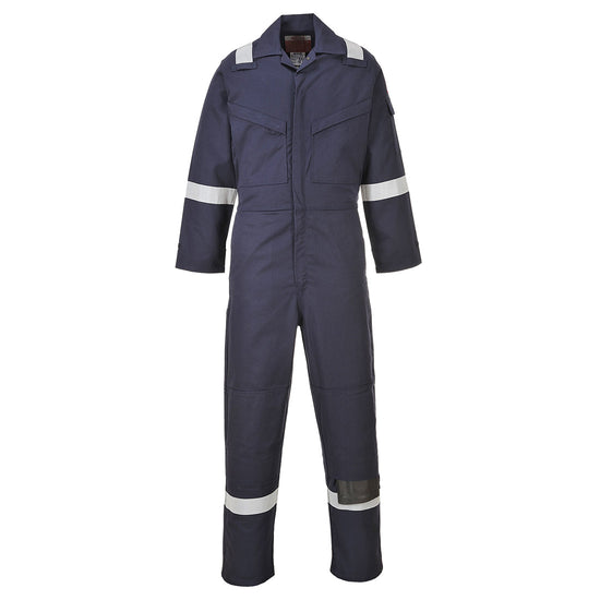 Navy coverall with zip front fasten and hi vis bands on both ankles arms and shoulders.pockets with zip fasten on both sides of the chest. pockets made visible for kneepads.