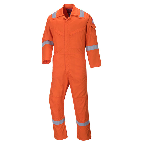 Orange coverall with zip front fasten and hi vis bands on both ankles arms and shoulders.pockets with zip fasten on both sides of the chest. pockets made visible for kneepads.