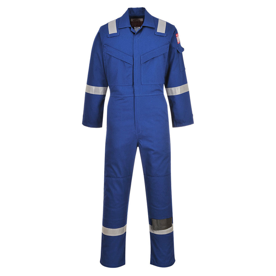 Royal Blue coverall with zip front fasten and hi vis bands on both ankles arms and shoulders.pockets with zip fasten on both sides of the chest. pockets made visible for kneepads.