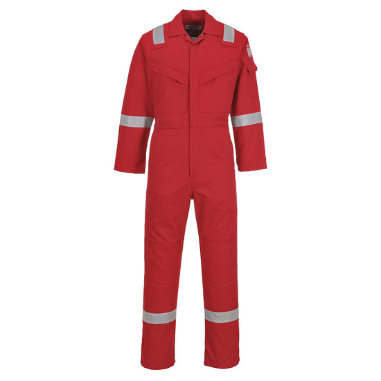 Red coverall with zip front fasten and hi vis bands on both ankles arms and shoulders.pockets with zip fasten on both sides of the chest. pockets made visible for kneepads.