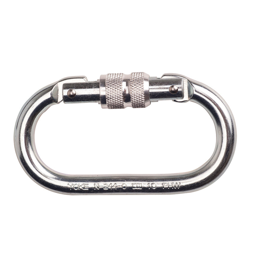 Silver screwgate carabiner. Carabiner has screw tighten in the middle.