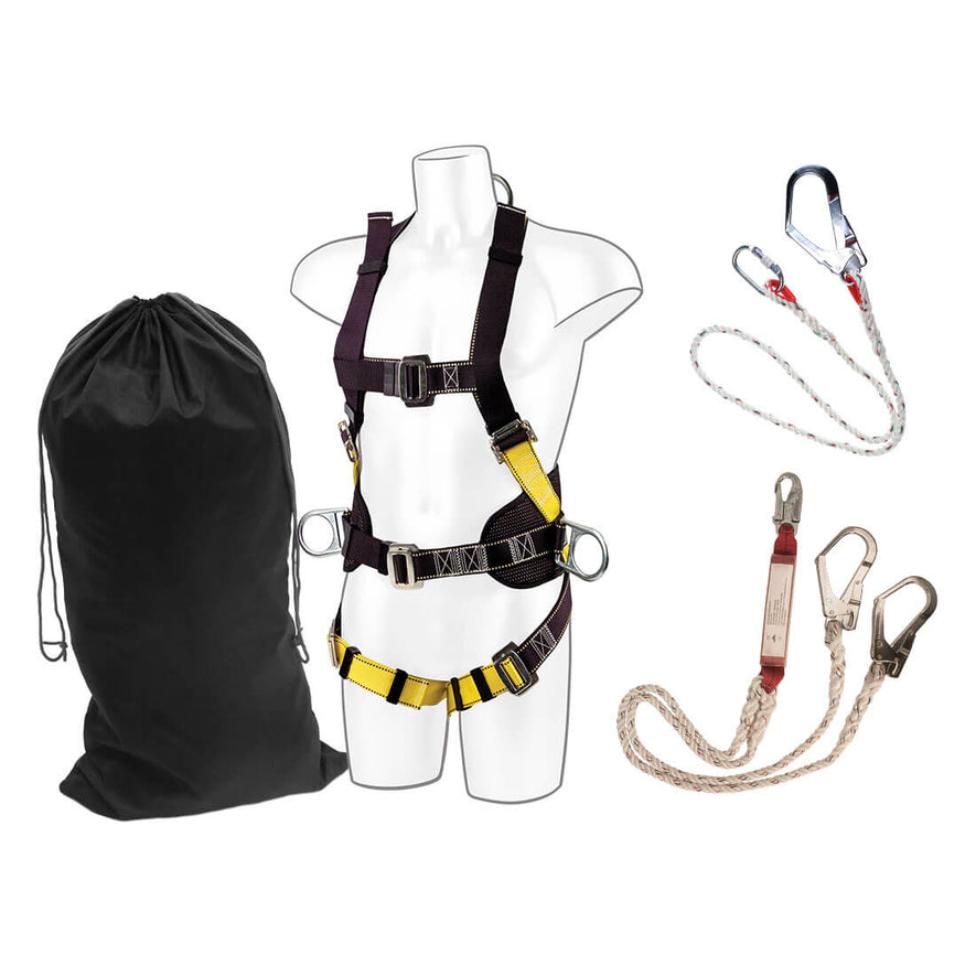 Construction fall arrest kit, Hit has two types of lanyard, a black and yellow harness with black bag to store it in.