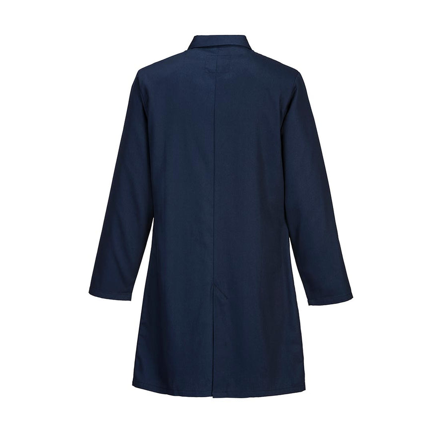 Back of Navy Flame resistant standard coat with two lower pockets and one chest pocket. 