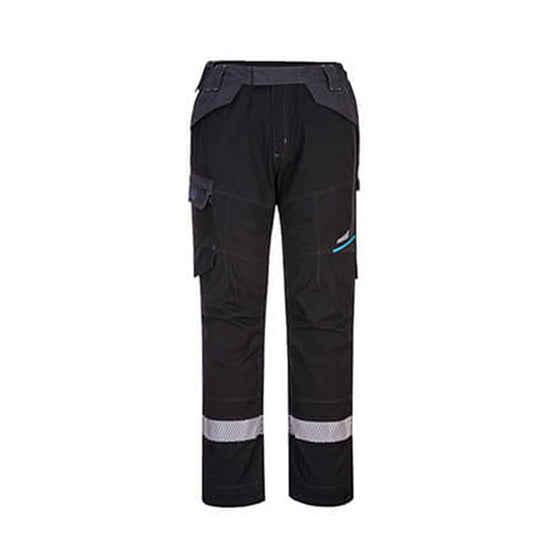 Black WX3 FR Service Trouser with grey waist, cargo pockets and reflective strips on shins