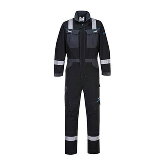 Black WX3 FR Coverall with large pockets on cheast and hi-vis across shoulders wrists ankles