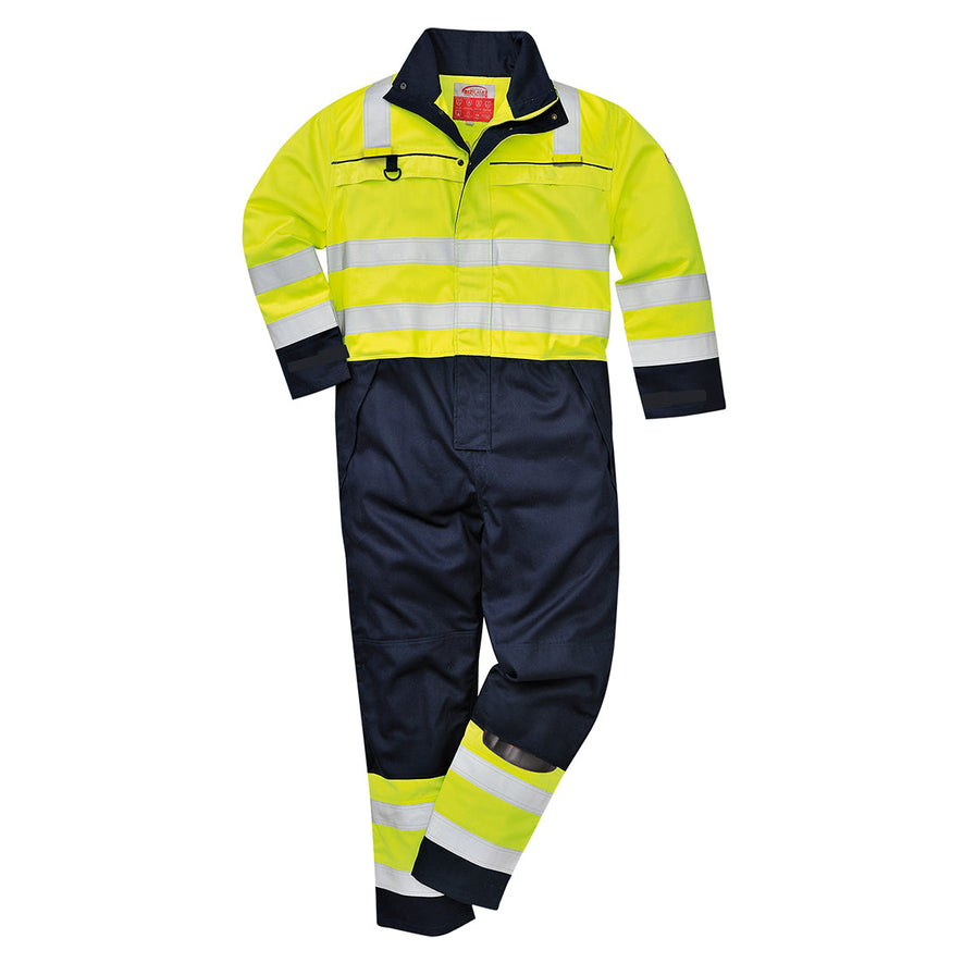 Yellow and navy Hi Vis Multi Norm coverall. Coverall has hi vis bands on the ankles, arms, body and shoulders. Coverall has navy contrast on the legs and bottom of the arms. Coverall also has zip chest pockets as well as pockets for kneepads.