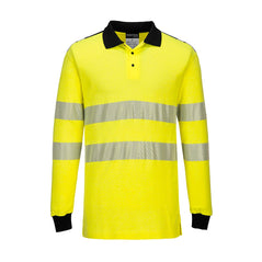 WX3 Flame Resistant Hi-Vis Polo Shirt in yellow with black cuffs and neck. Shirt has hi vis bands on the waist and arms.