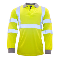 Yellow flame resistant anti static long sleeve polo shirt with grey collar and grey wrist cuffs. Hi vis band across the chest. two shoulder bands and two arm bands.